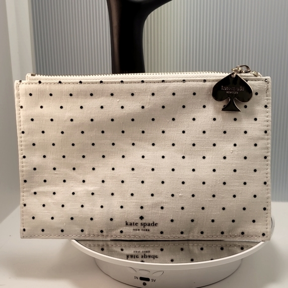 kate spade Handbags - KATE SPADE COSMETIC POUCH WITH ZIPPER CHARM EUC BEIGE/BLACK POLKADOT